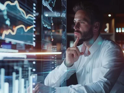 Mann denkt über Industrie 4.0 nach und sitzt vor Hologrammen.