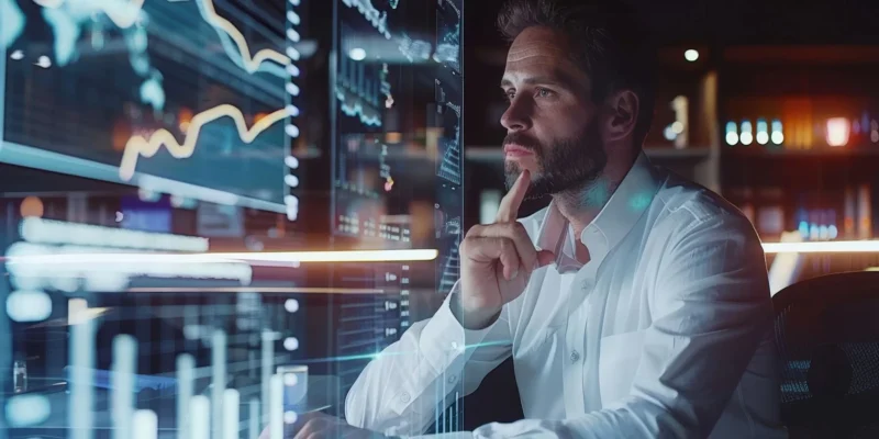 Mann denkt über Industrie 4.0 nach und sitzt vor Hologrammen.