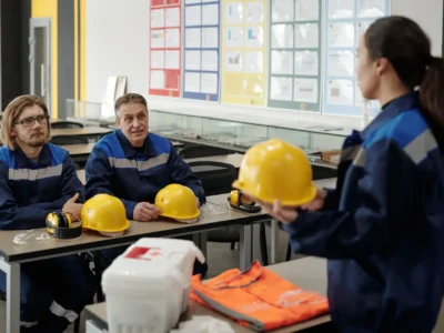 In einem Schulungsraum erklärt eine Ausbilderin zwei Arbeitern die Sicherheitsvorschriften. Sie trägt eine blaue Arbeitsjacke mit reflektierenden Streifen und hält einen gelben Schutzhelm in den Händen. Die beiden Männer, ebenfalls in blauer Arbeitskleidung, sitzen an einem Tisch, hören aufmerksam zu und haben ihre eigenen Helme vor sich liegen. Auf dem Tisch befinden sich zudem ein Erste-Hilfe-Kasten, eine orangefarbene Warnweste, Schutzbrillen und Gehörschutz. Im Hintergrund hängen bunte Infotafeln mit Diagrammen und Sicherheitsanweisungen an der Wand. Die Szene vermittelt das Thema Arbeitssicherheit und betriebliche Schulung.