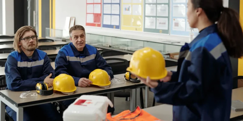 In einem Schulungsraum erklärt eine Ausbilderin zwei Arbeitern die Sicherheitsvorschriften. Sie trägt eine blaue Arbeitsjacke mit reflektierenden Streifen und hält einen gelben Schutzhelm in den Händen. Die beiden Männer, ebenfalls in blauer Arbeitskleidung, sitzen an einem Tisch, hören aufmerksam zu und haben ihre eigenen Helme vor sich liegen. Auf dem Tisch befinden sich zudem ein Erste-Hilfe-Kasten, eine orangefarbene Warnweste, Schutzbrillen und Gehörschutz. Im Hintergrund hängen bunte Infotafeln mit Diagrammen und Sicherheitsanweisungen an der Wand. Die Szene vermittelt das Thema Arbeitssicherheit und betriebliche Schulung.
