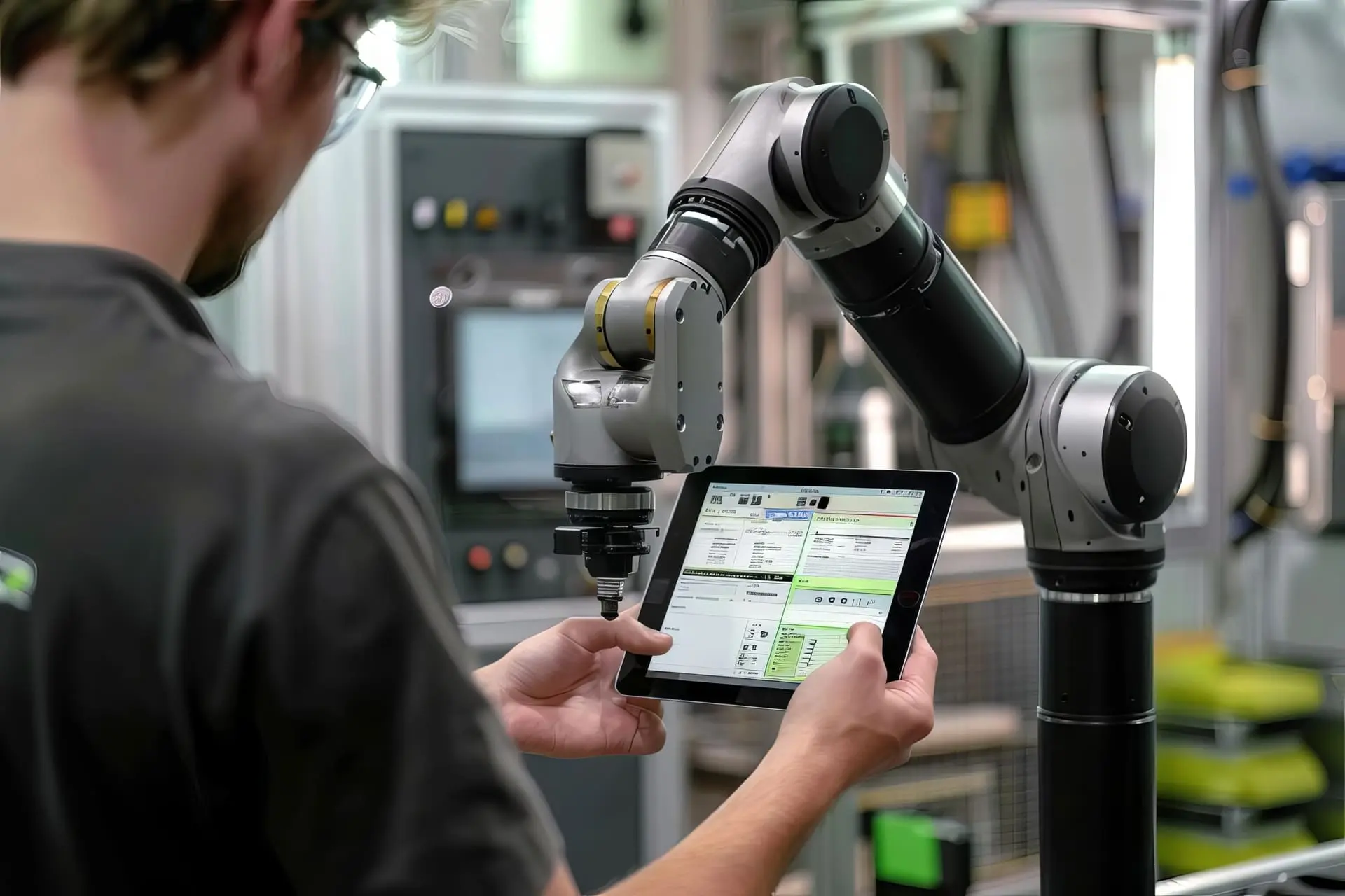 Dank KI in der Produktion kann ein Ingenieur über ein Tablet in Echtzeit einen Industrieroboter programmieren und den Fertigungsprozess optimieren.