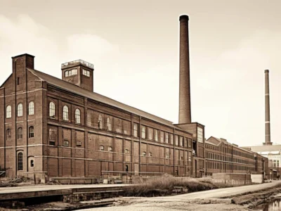 Das Bild zeigt eine große, alte Fabrik aus rotem Backstein mit hohen, schmalen Fenstern unter einem grauen Himmel. Zwei hohe Schornsteine ragen in den Himmel. Die Fabrik wirkt verlassen, mit verwitterten Mauern und wenig Vegetation. Der Bereich vor der Fabrik ist karg mit unbefestigten Wegen und etwas Wasser.
