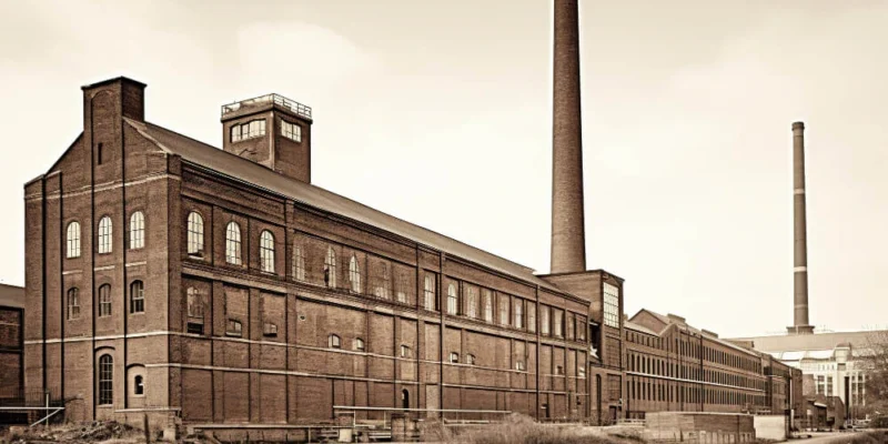 Das Bild zeigt eine große, alte Fabrik aus rotem Backstein mit hohen, schmalen Fenstern unter einem grauen Himmel. Zwei hohe Schornsteine ragen in den Himmel. Die Fabrik wirkt verlassen, mit verwitterten Mauern und wenig Vegetation. Der Bereich vor der Fabrik ist karg mit unbefestigten Wegen und etwas Wasser.