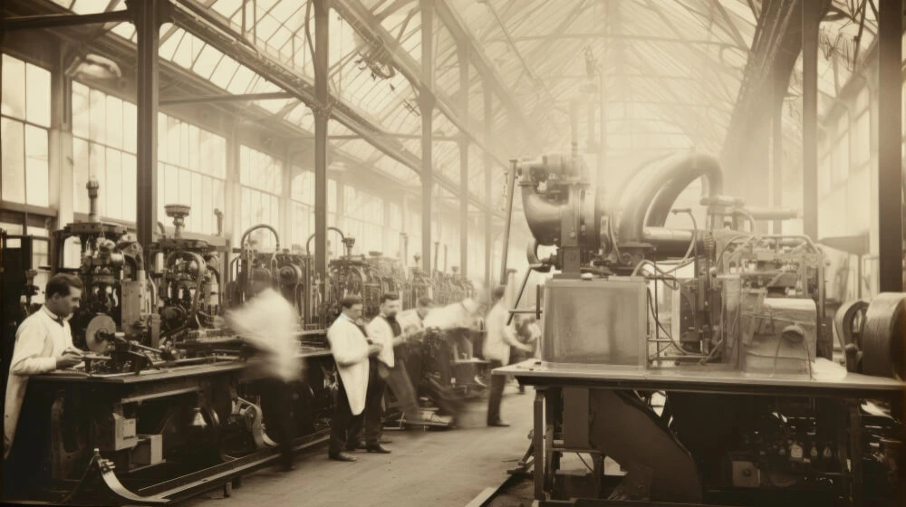 Dieses Bild zeigt das Clement Talbot Motorwerk zur Zeit der Industrie 2.0. Eine historische Innenaufnahme zeigt eine große, helle Fabrikhalle mit verglastem Dach und metallenen Trägern, gefüllt mit schweren Maschinen und Werkzeugen. Arbeiter in weißen Kitteln und Hüten stehen an Werkbänken, die mit komplexen Vorrichtungen ausgestattet sind. Der Raum ist von einem Dunst erfüllt, der die Szene in ein sepiafarbenes Licht taucht und die mechanische Atmosphäre der frühen industriellen Revolution einfängt.