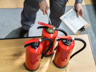 Mitarbeiter überprüft mehrere Feuerlöscher mit Checkliste und Werkzeug – regelmäßige Wartung zur Gewährleistung der Brandsicherheit in Gebäuden.