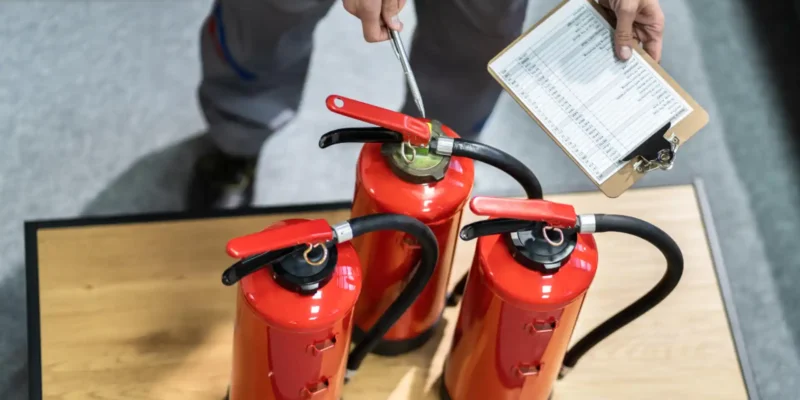 Mitarbeiter überprüft mehrere Feuerlöscher mit Checkliste und Werkzeug – regelmäßige Wartung zur Gewährleistung der Brandsicherheit in Gebäuden.