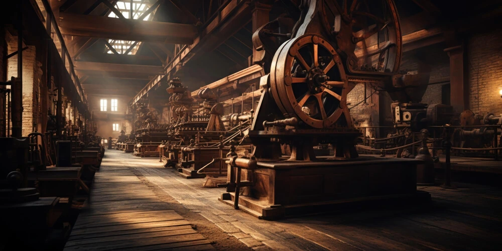 Eine weitläufige Innenaufnahme zeigt eine historische Fabrikhalle im Stil der Industrie 2.0. Lange Reihen schwerer, dampfbetriebener Maschinen erstrecken sich entlang eines Holzstegs. Die Maschinen aus Metall und Holz sind detailliert dargestellt, mit großen Schwungrädern und komplexen Mechanismen. Das Sonnenlicht fällt durch hohe Fenster und beleuchtet den Raum, der von einem sepiafarbenen Schimmer geprägt ist und eine Atmosphäre der industriellen Vergangenheit vermittelt.