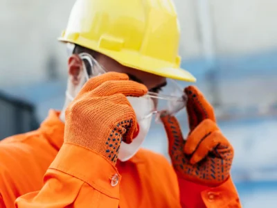Ein Bauarbeiter in oranger Arbeitskleidung, gelbem Helm und orangefarbenen Handschuhen justiert seine durchsichtige Schutzbrille. Diese Ausrüstung ist ein Beispiel für persönliche Schutzausrüstung, die in vielen Berufen zum Schutz der Augen, des Kopfes und der Hände getragen wird.