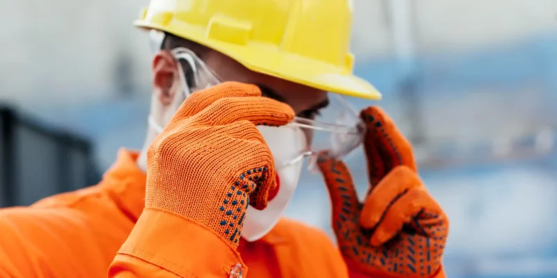 Ein Bauarbeiter in oranger Arbeitskleidung, gelbem Helm und orangefarbenen Handschuhen justiert seine durchsichtige Schutzbrille. Diese Ausrüstung ist ein Beispiel für persönliche Schutzausrüstung, die in vielen Berufen zum Schutz der Augen, des Kopfes und der Hände getragen wird.