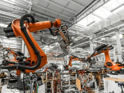 Große orangefarbene Industrieroboterarme in einer modernen Auto-Fertigungsstraße, die Karosserieteile zusammenschweißen. Die Hightech-Produktionshalle ist hell und strukturiert aufgebaut.