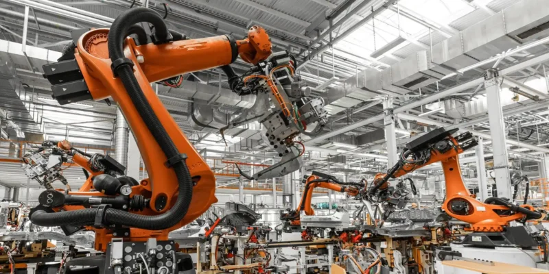 Große orangefarbene Industrieroboterarme in einer modernen Auto-Fertigungsstraße, die Karosserieteile zusammenschweißen. Die Hightech-Produktionshalle ist hell und strukturiert aufgebaut.
