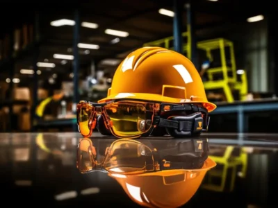 Ein gelber Schutzhelm und eine Schutzbrille, Beispiele für PSA persönliche Schutzausrüstung, liegen auf einer spiegelnden Oberfläche in einer Lagerhalle.