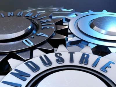 Nahaufnahme von ineinandergreifenden Zahnrädern aus Metall, auf denen "INDUSTRIE 4.0" steht. Dies visualisiert die aktuelle Phase der technologischen Entwicklung im Kontext der industriellen Revolution.