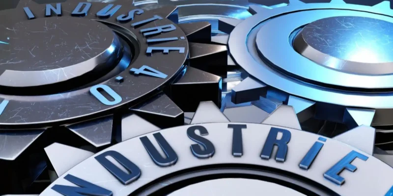 Nahaufnahme von ineinandergreifenden Zahnrädern aus Metall, auf denen "INDUSTRIE 4.0" steht. Dies visualisiert die aktuelle Phase der technologischen Entwicklung im Kontext der industriellen Revolution.