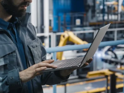 Ein Arbeiter in grauer Arbeitskleidung arbeitet mit Laptop in einer modernen Fabrik – im Hintergrund automatisierte Roboterarme in einer Fertigungsstraße
