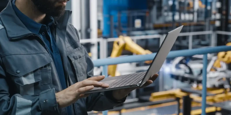 Ein Arbeiter in grauer Arbeitskleidung arbeitet mit Laptop in einer modernen Fabrik – im Hintergrund automatisierte Roboterarme in einer Fertigungsstraße