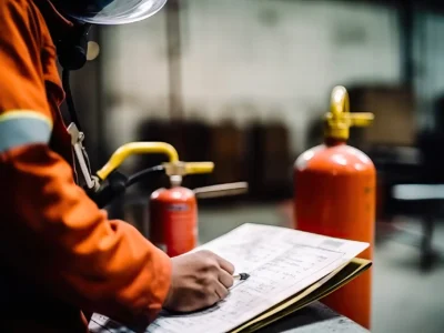 Person in Schutzkleidung dokumentiert eine Brandschutzinspektion, im Vordergrund stehen zwei Feuerlöscher.