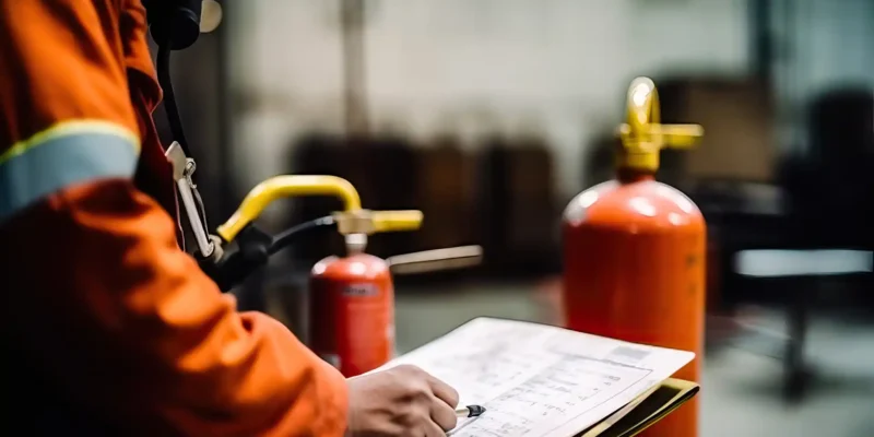 Person in Schutzkleidung dokumentiert eine Brandschutzinspektion, im Vordergrund stehen zwei Feuerlöscher.