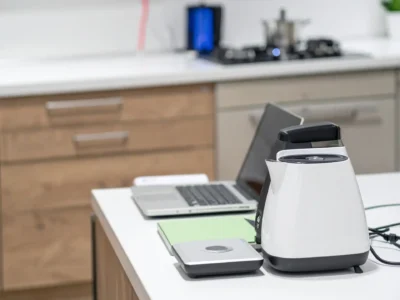 Ein Wasserkocher, ein Laptop und weitere elektronische Geräte stehen auf einem weißen Küchentresen in einer modernen Büroküche. Im Hintergrund sind ein Gasherd, ein Topf und Küchenschränke zu sehen.