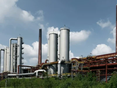 Großes Industrieareal einer deutschen Produktionsanlage mit mehreren hohen Metalltürmen, Rohrleitungen und zwei Schornsteinen, typisch für die Schwerindustrie in Deutschland, unter einem leicht bewölkten Himmel.