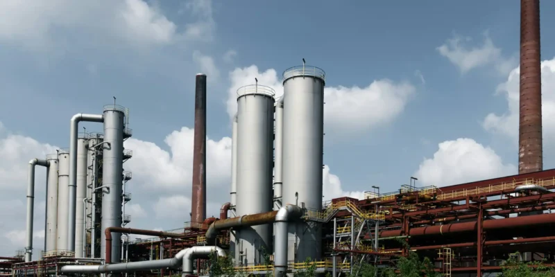 Großes Industrieareal einer deutschen Produktionsanlage mit mehreren hohen Metalltürmen, Rohrleitungen und zwei Schornsteinen, typisch für die Schwerindustrie in Deutschland, unter einem leicht bewölkten Himmel.