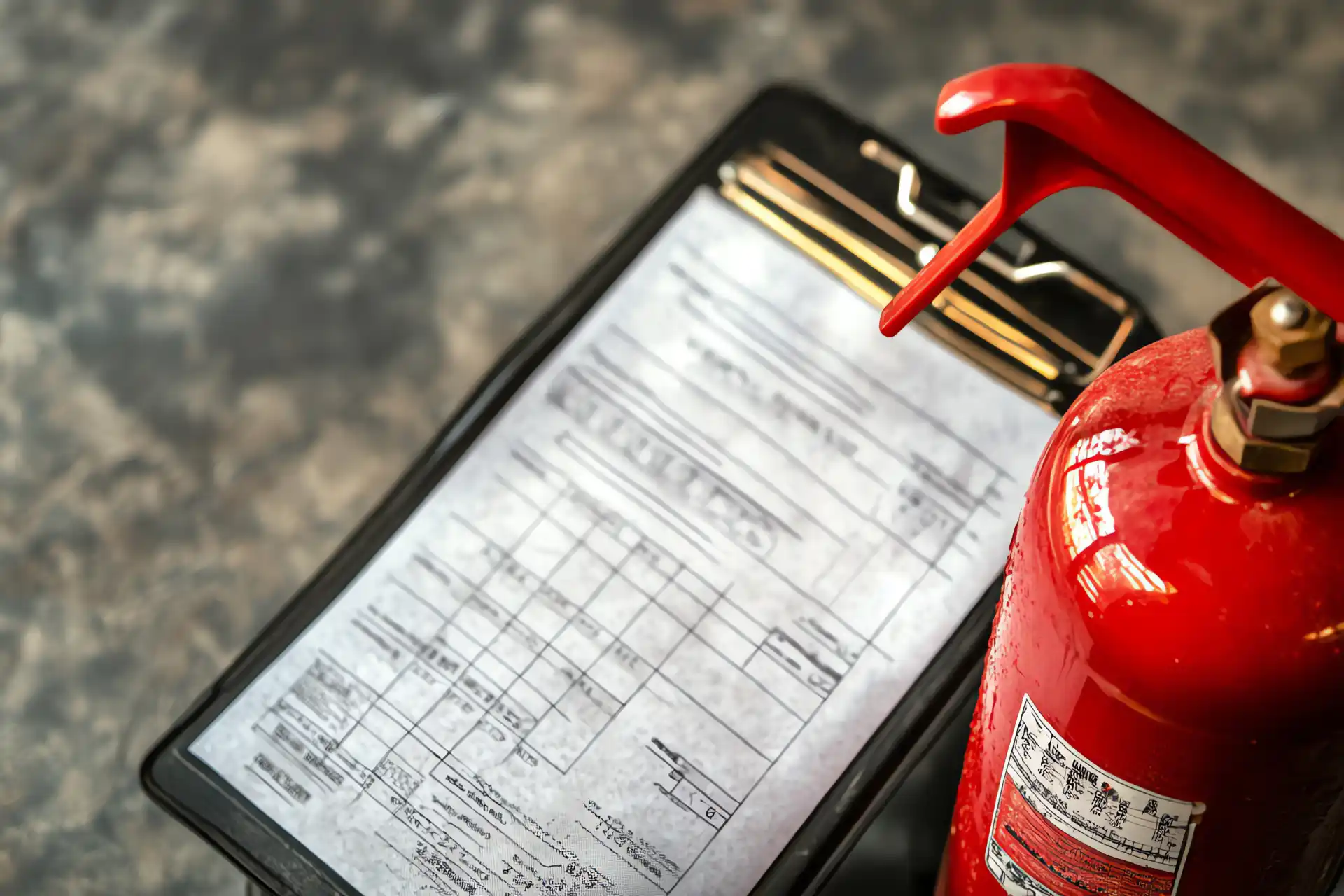 Roter Feuerlöscher neben einer Inspektions-Checkliste auf einem Klemmbrett.