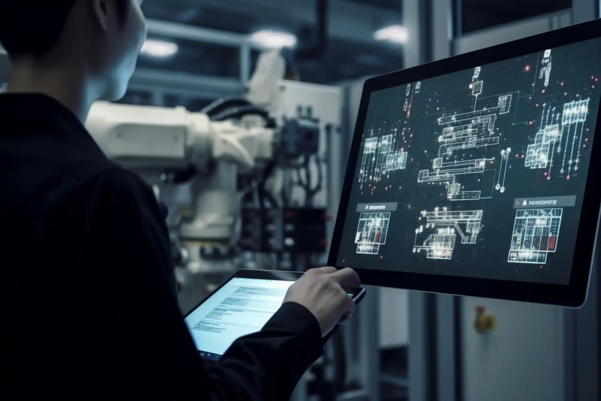 Techniker oder Ingenieur steuert über ein digitales Touch-Interface ein automatisiertes Produktionssystem mit grafischer SPS-Oberfläche – im Hintergrund ein Industrieroboter in moderner Fertigungsumgebung.