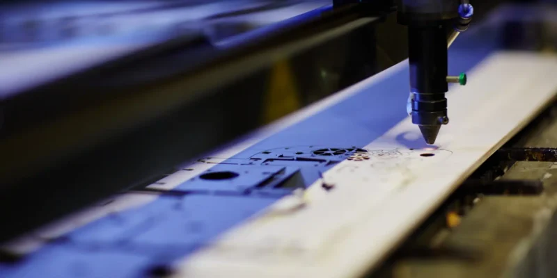 Ein Close-up zeigt den Schneidkopf eines Laser Cutters, der konzentriert und präzise die Oberfläche einer hellen Holzplatte bearbeitet. Der Laserstrahl, sichtbar als roter Punkt, brennt gerade eine feine Linie in das Material. Im Fokus liegen die bereits fertigen und teils herausgeschnittenen Teile links, die die Präzision und Effizienz des Werkzeugs unterstreichen, während der Rest der Maschine im unscharfen Hintergrund verschwindet.