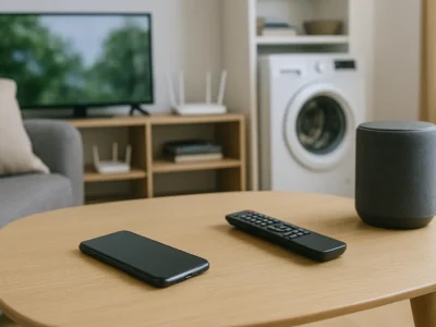 Ein modernes Wohnzimmer mit neutralen Farben zeigt mehrere Geräte, die unauffällig von Embedded Systems gesteuert werden. Auf dem Holztisch liegen ein Smartphone und eine Fernbedienung, daneben steht ein smarter Lautsprecher. Im Hintergrund sind ein WLAN-Router, ein Fernseher und eine Waschmaschine zu erkennen. Das Bild verdeutlicht, dass Embedded Systems in vielen Alltagsgeräten unsichtbar integriert sind.