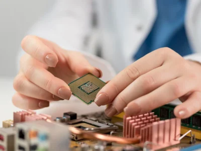 Ein detailliertes Close-up zeigt die Hände einer Person in einem weißen Laborkittel, die einen Mikroprozessor oder CPU-Chip über einer Hauptplatine halten. Die Person bereitet sich darauf vor, den Chip in den Sockel der Platine einzusetzen. Dieser Chip ist das zentrale Gehirn eines Embedded Computing-Systems, das für die Ausführung einer spezialisierten Steuerungsaufgabe verantwortlich ist. Die Szene symbolisiert die Montage und Entwicklung von Hardware für automatisierte oder intelligente Systeme.