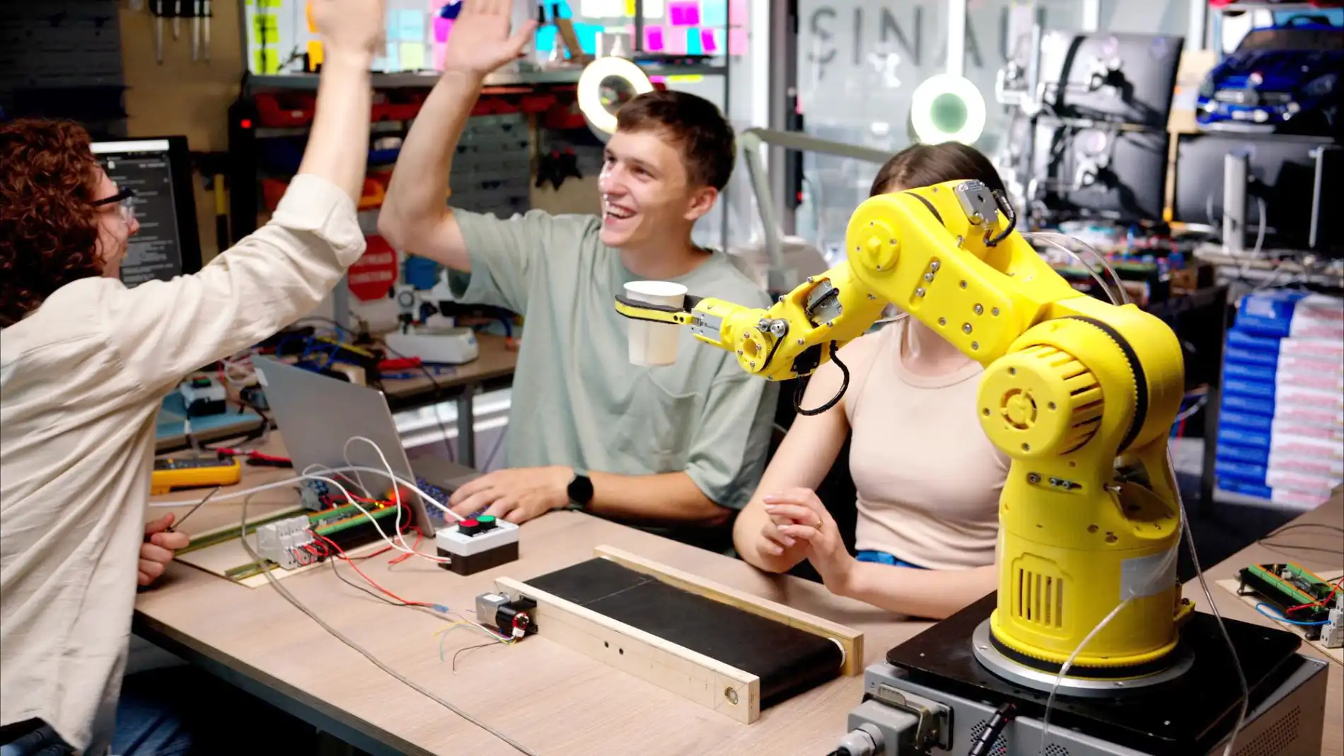 Ein lebhaftes Foto in einem Technik- oder Entwicklungslabor zeigt drei junge Erwachsene, die eine erfolgreiche Demonstration ihrer Technologie feiern. Im Zentrum geben sich zwei Männer (einer mit lockigem Haar links, einer mit kurzem Haar in der Mitte) ein High-Five. Zwischen ihnen und einer Frau sitzt ein großer, gelber Gelenkarmroboter (Cobot), der gerade einen kleinen Becher auf einem Mini-Förderband platziert hat. Die gesamte Szene visualisiert die MRK Abkürzung (Mensch-Roboter-Kollaboration) in der Praxis, indem Mensch und Maschine in einem gemeinsamen Arbeitsbereich effizient interagieren.