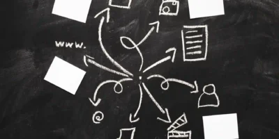 Eine Kreidezeichnung auf einer schwarzen Tafel zeigt die Zerlegung komplexer Aufgaben in kleinste, standardisierte Schritte. Die strikt gerichteten Pfeile stehen für die Optimierung und Kontrolle jedes einzelnen Arbeitsablaufs, um maximale Effizienz zu erzielen – ein Prinzip, das den Kern des Taylorismus und der wissenschaftlichen Betriebsführung ausmacht.