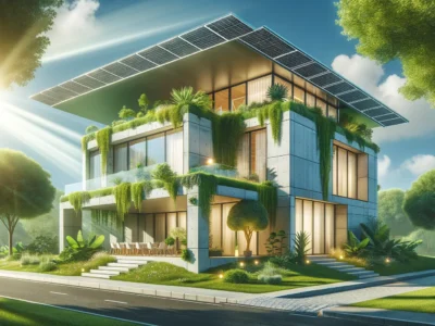 Modernes energieeffizientes Haus zeigt Möglichkeiten zum Energiekosten senken im Haushalt