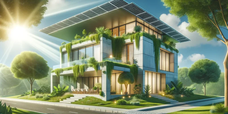 Modernes energieeffizientes Haus zeigt Möglichkeiten zum Energiekosten senken im Haushalt