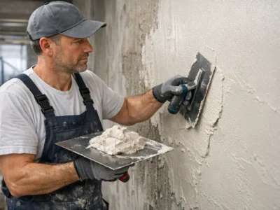 Handwerker verputzt Innenwand für Innenputz Kosten Kalkulation