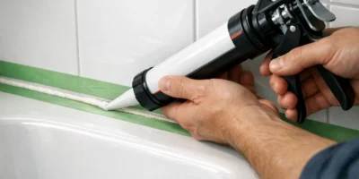 Heimwerker trägt neues Silikon über alte Silikonfuge im Badezimmer auf