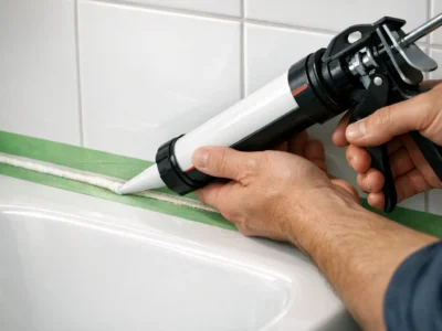 Heimwerker trägt neues Silikon über alte Silikonfuge im Badezimmer auf