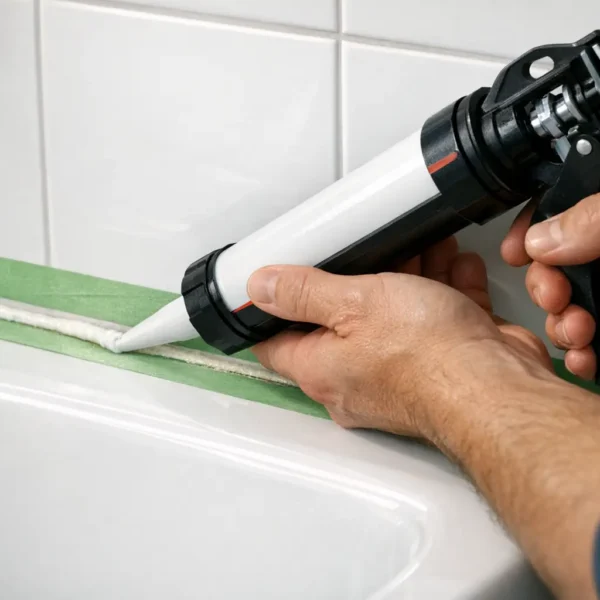 Heimwerker trägt neues Silikon über alte Silikonfuge im Badezimmer auf